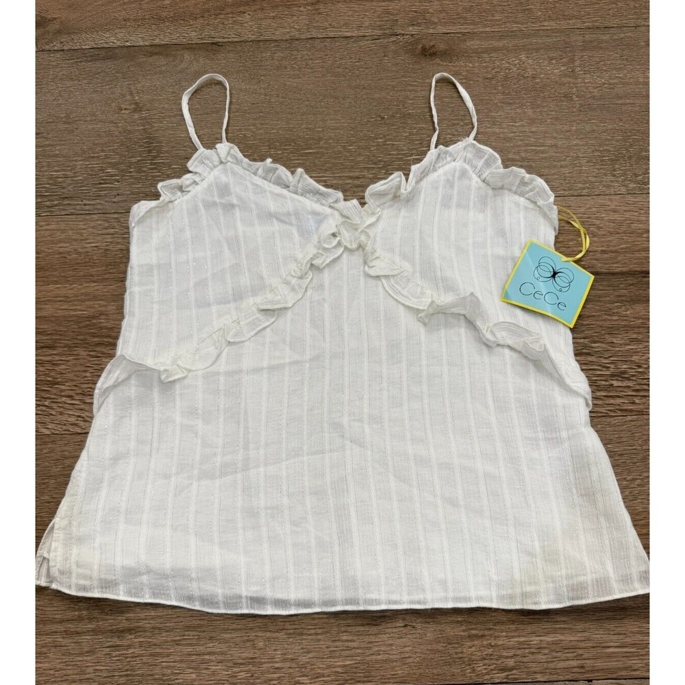 CeCe White Silver Thread Spaghetti Strap Summer Tank‎ Top Size Medium NWT